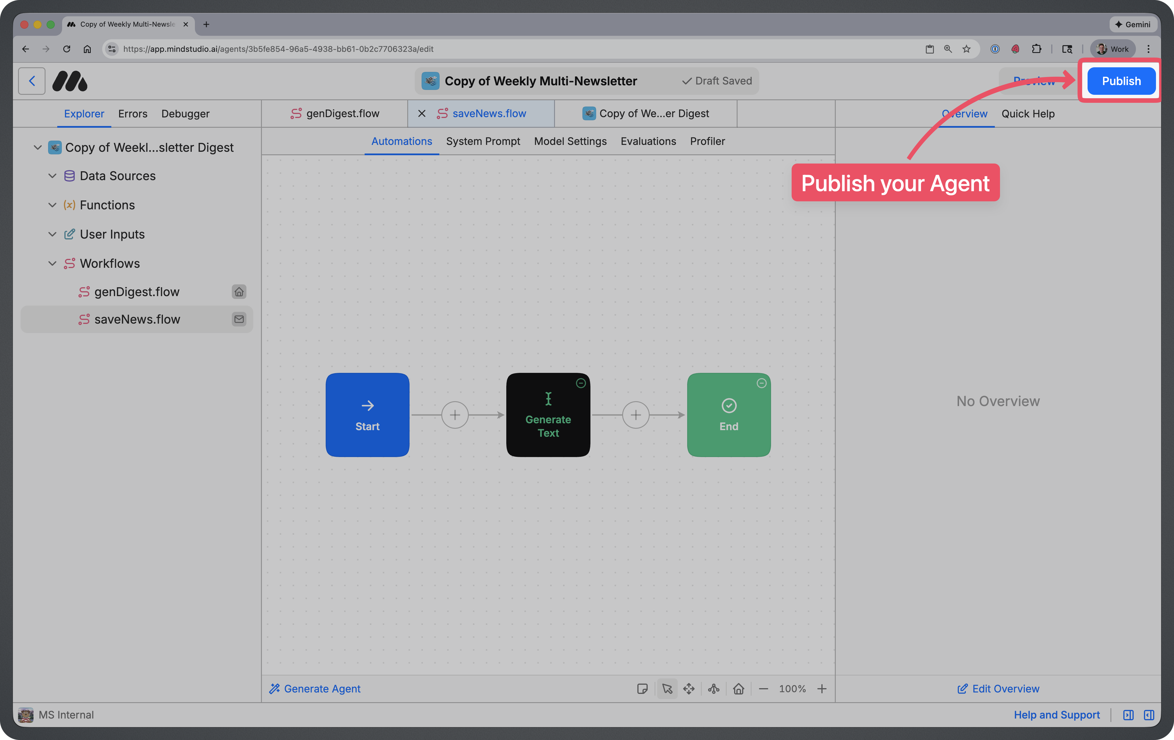 Publish button highlighted