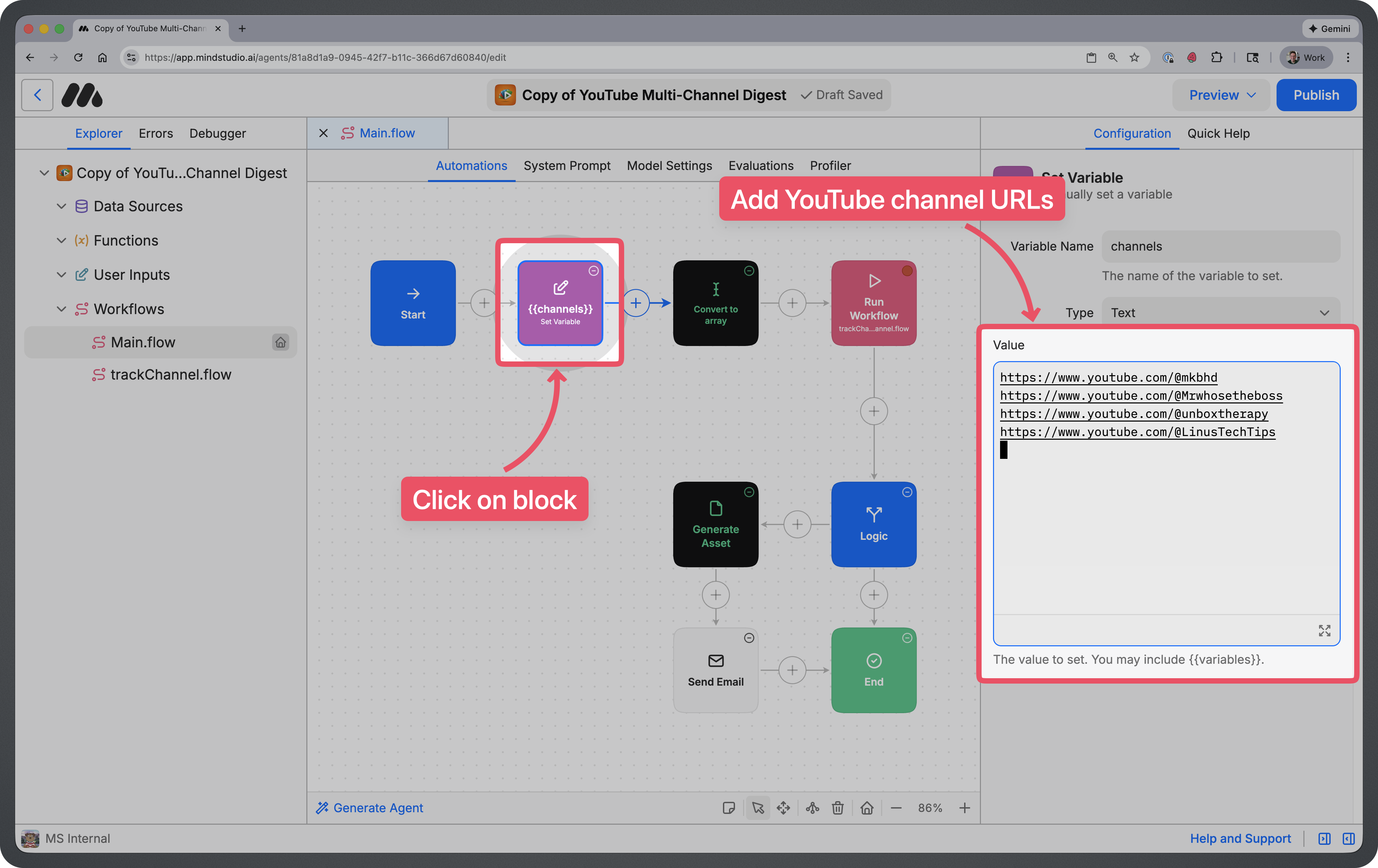 Controls for adding YouTube channels