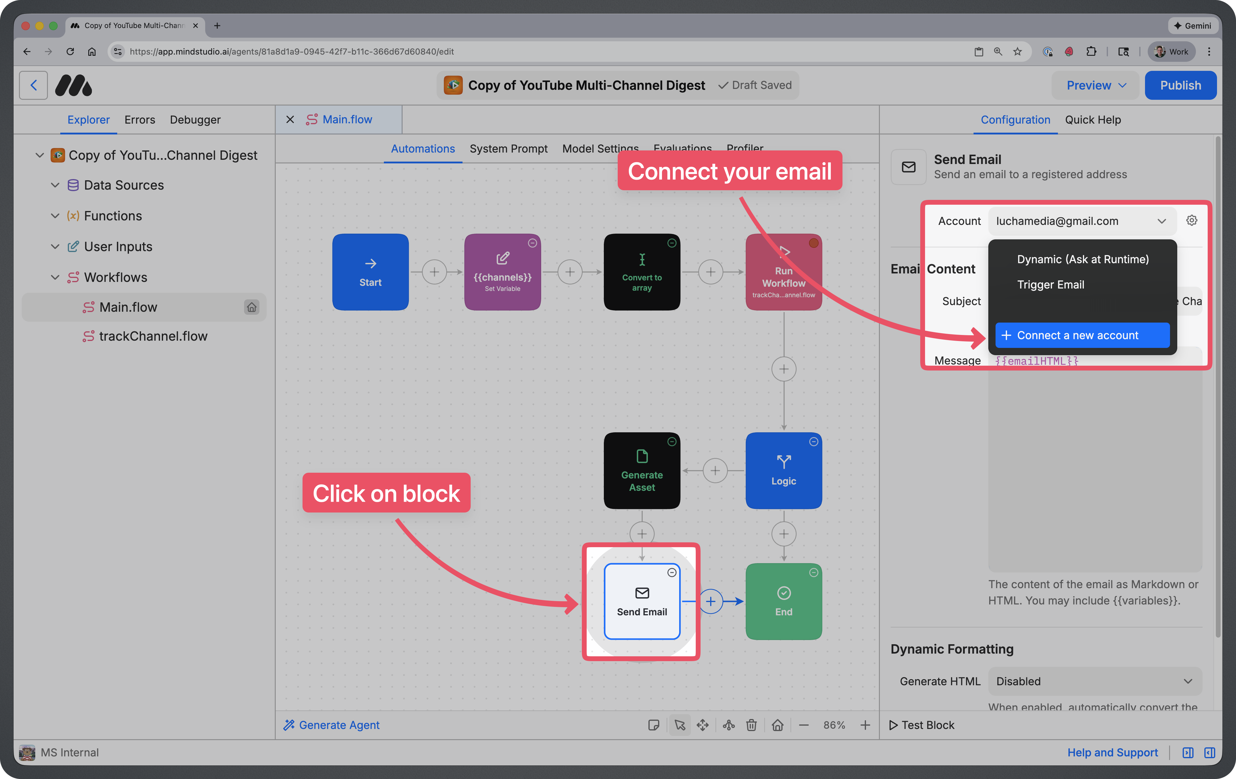 Controls for connecting an email