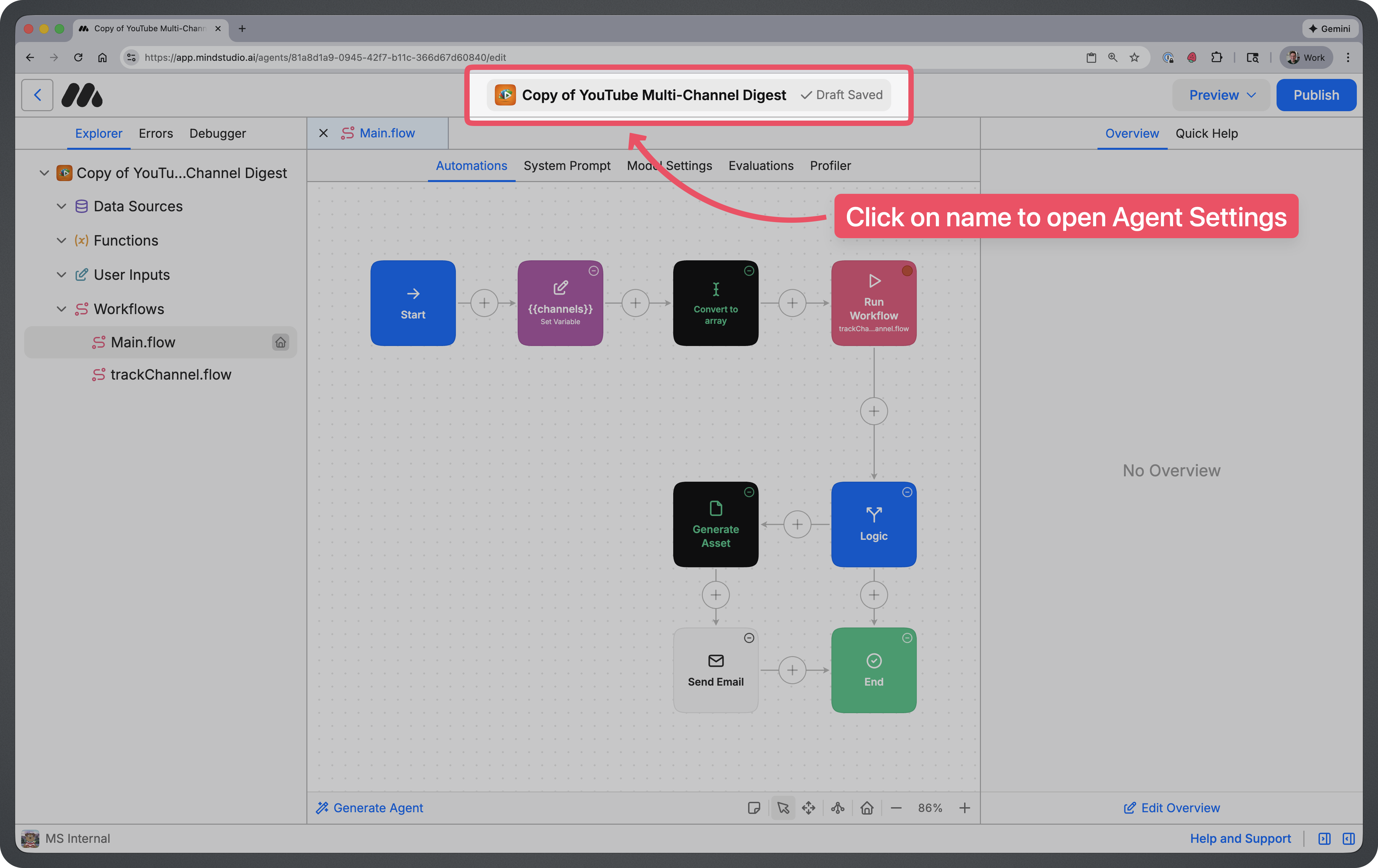 Clickable interface for opening Agent Settings