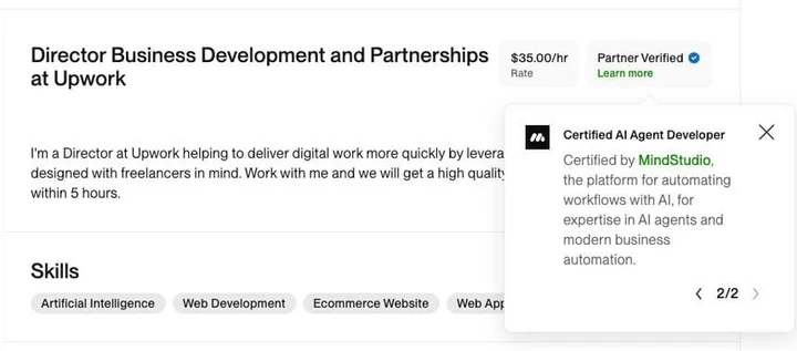 The Partner Verified badge on an Upwork profile, showing the MindStudio AI agent certification
