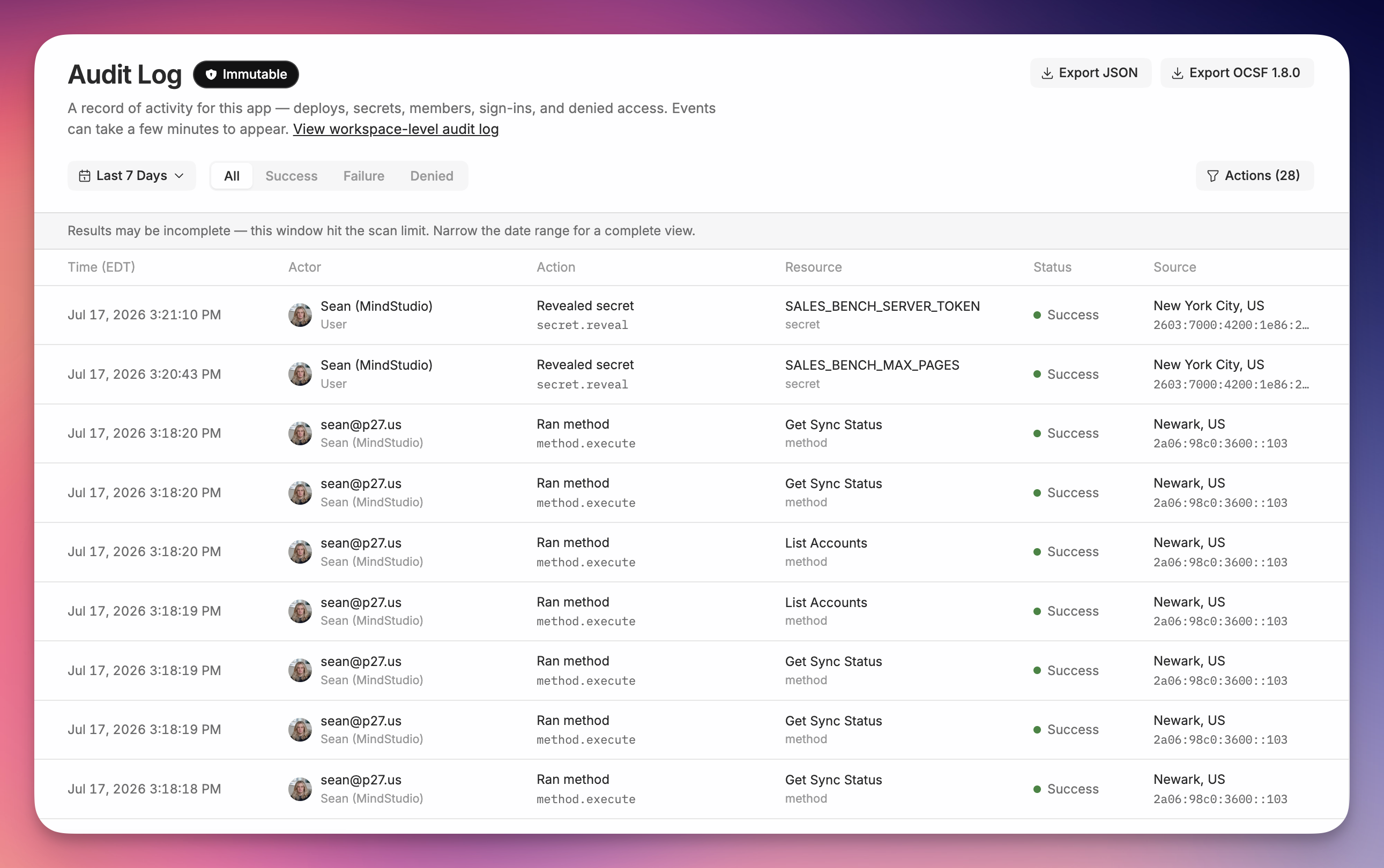 Audit Log in the Remy dashboard