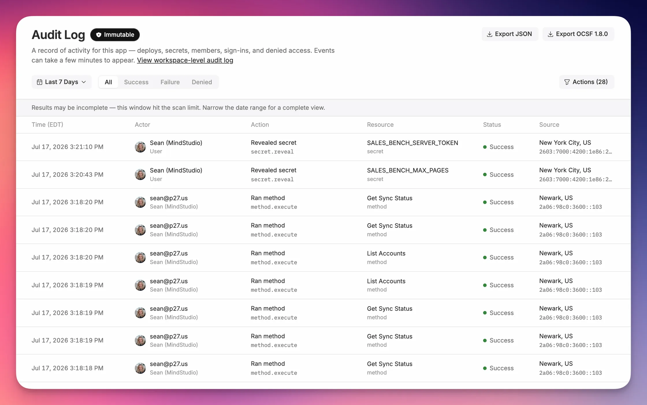Audit Log in the Remy dashboard
