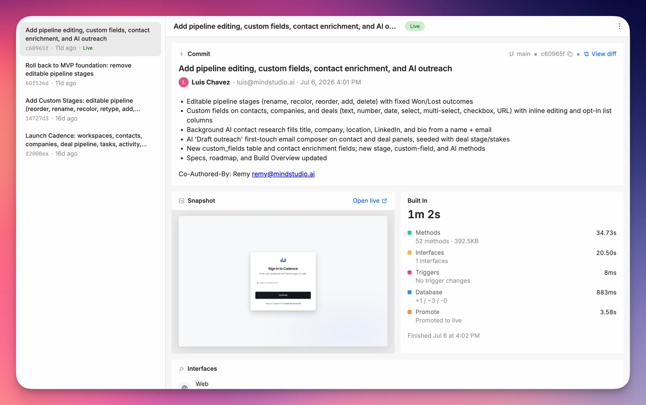 Deployments in the Remy dashboard