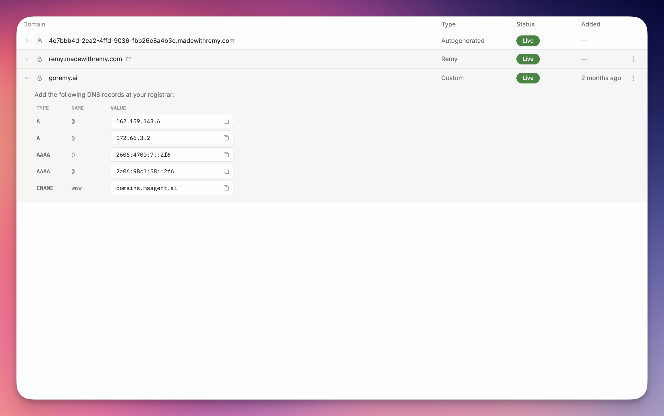 Domains in the Remy dashboard