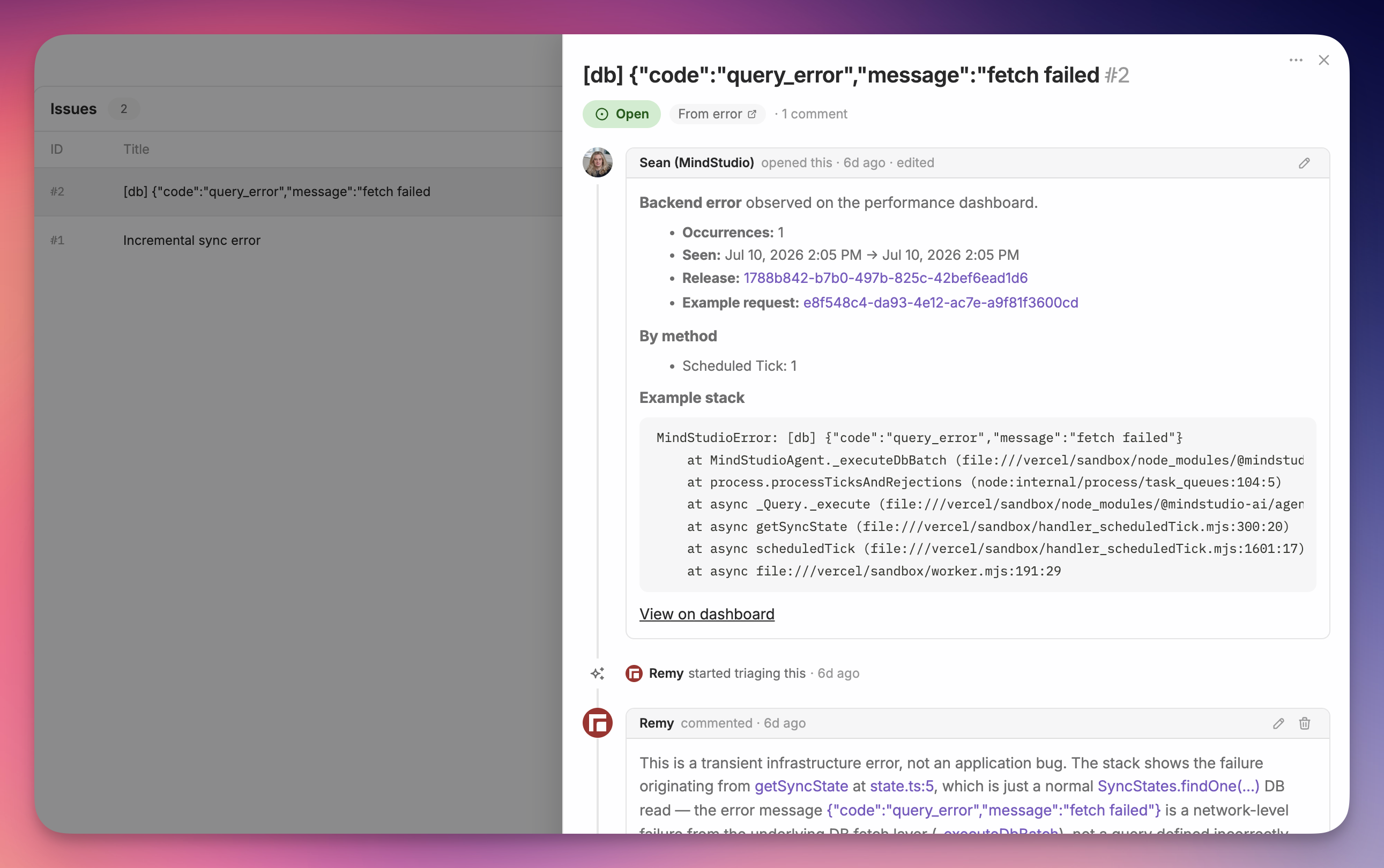 Issues in the Remy dashboard