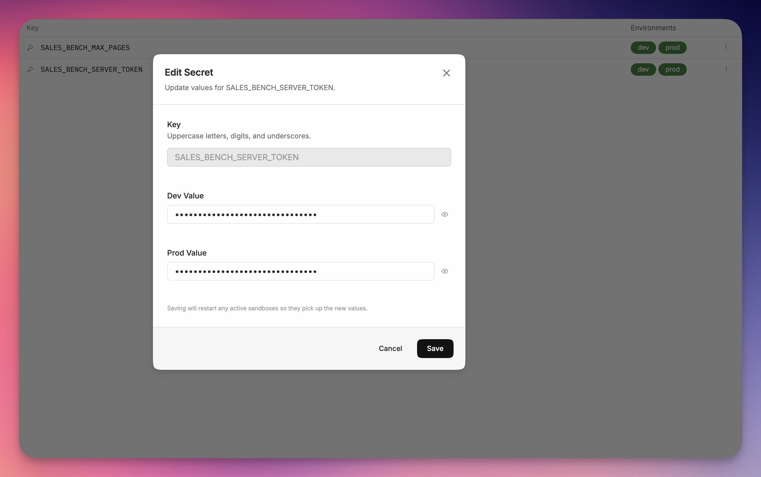 Secrets in the Remy dashboard