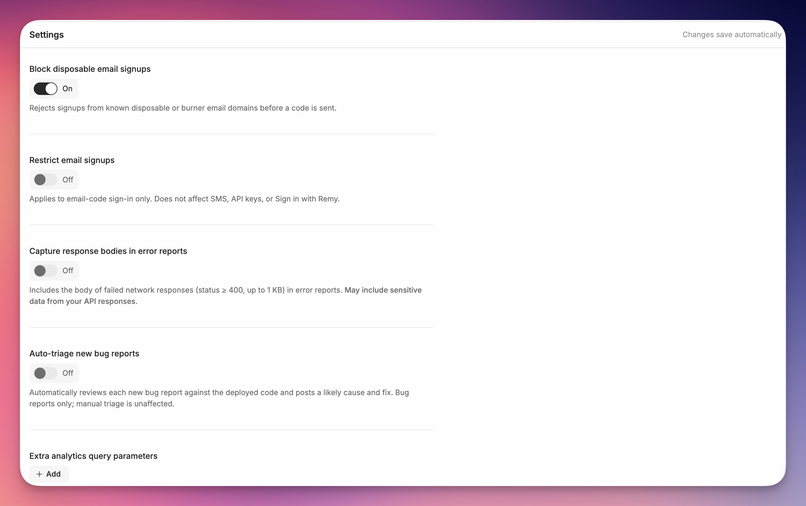 Settings in the Remy dashboard