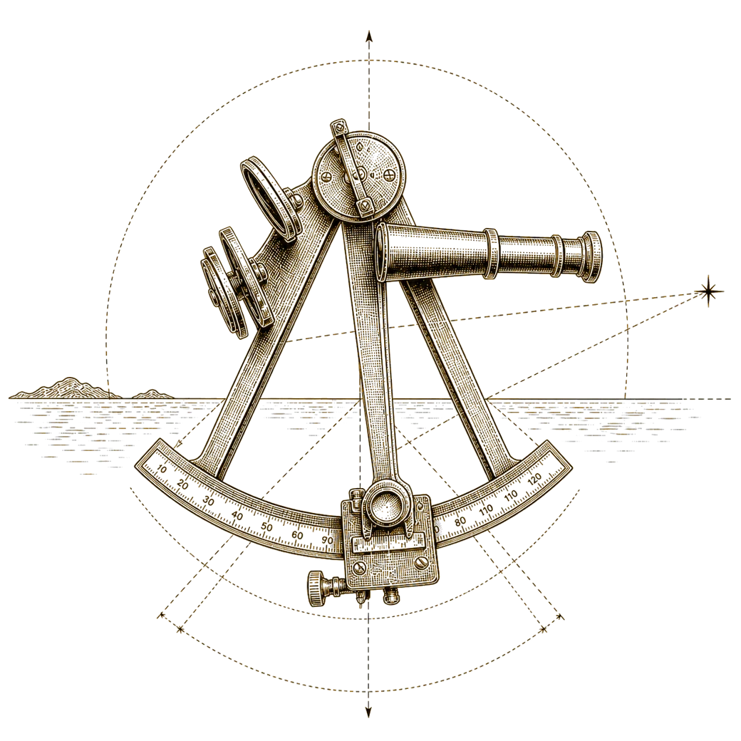 Engraving of an antique sextant sighting a star above the horizon, with measuring arc and construction geometry