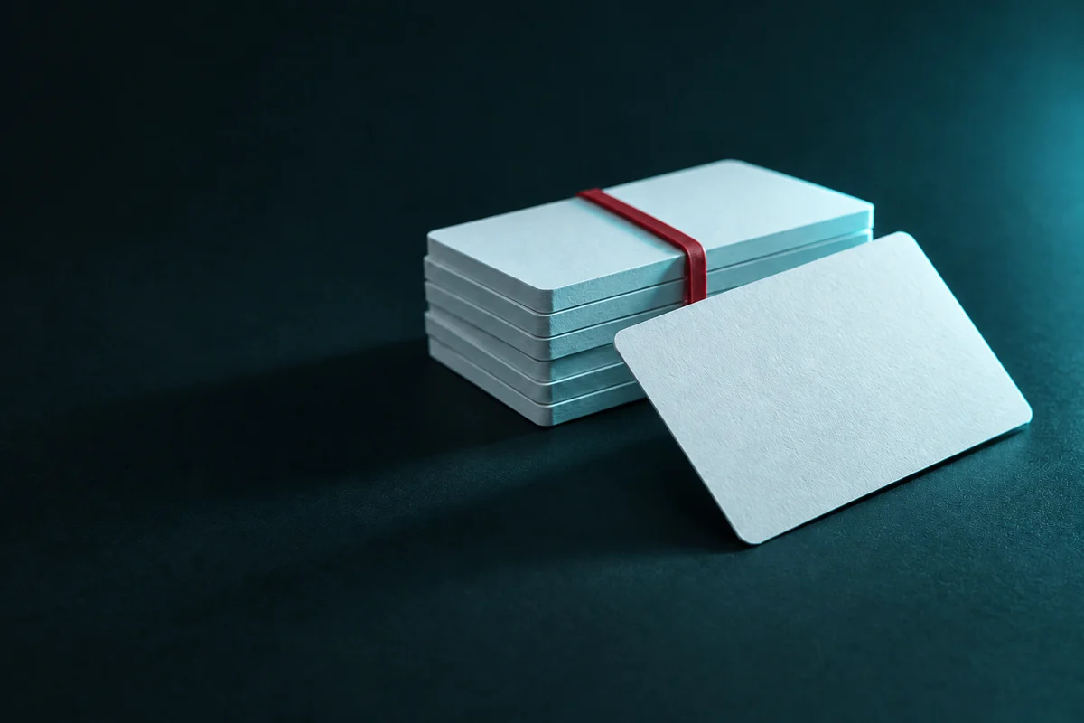 A stack of handwritten index cards beside a laptop, in soft teal light
