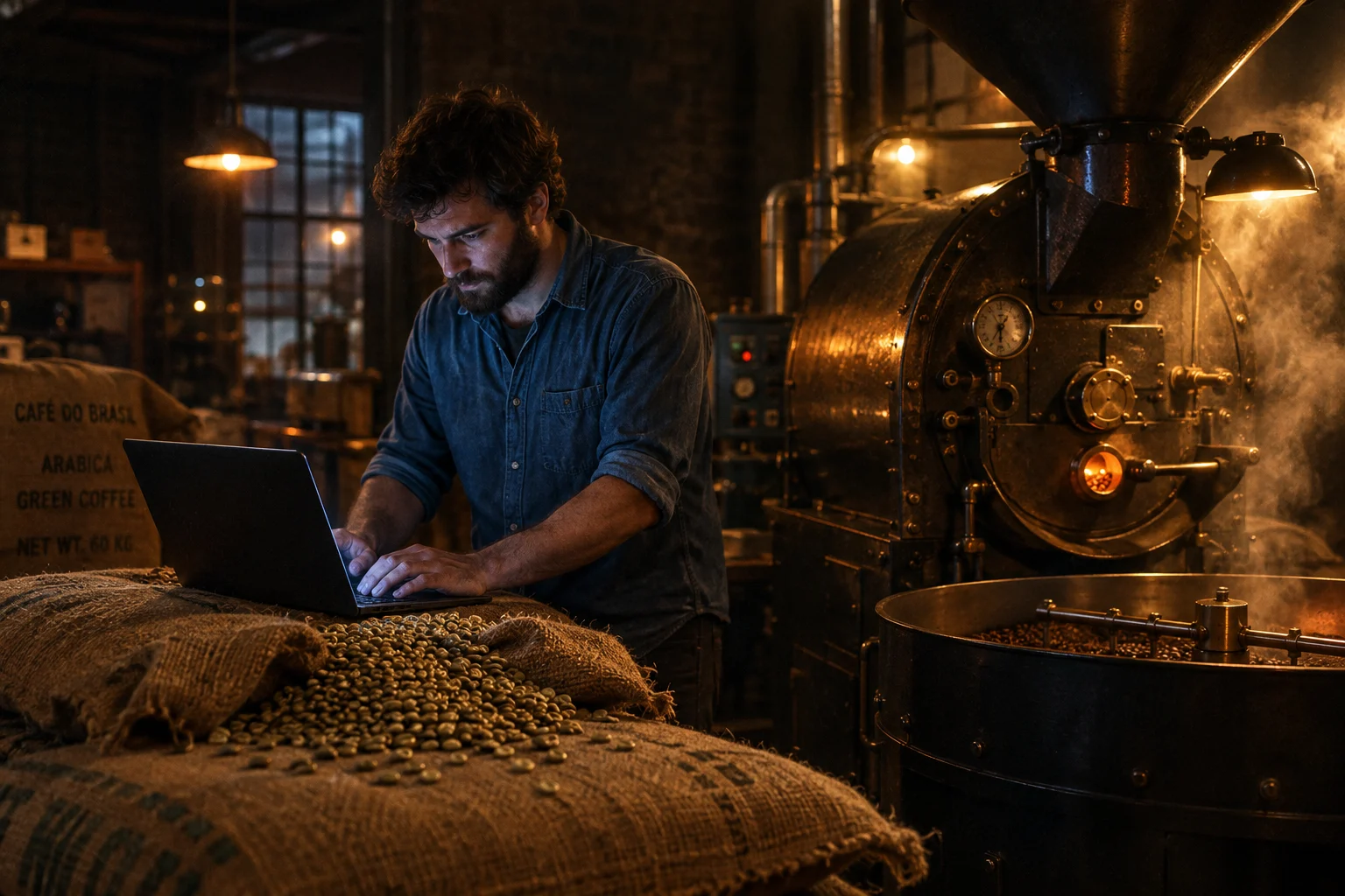Burlap coffee sacks and a roaster's scoop under warm workshop light