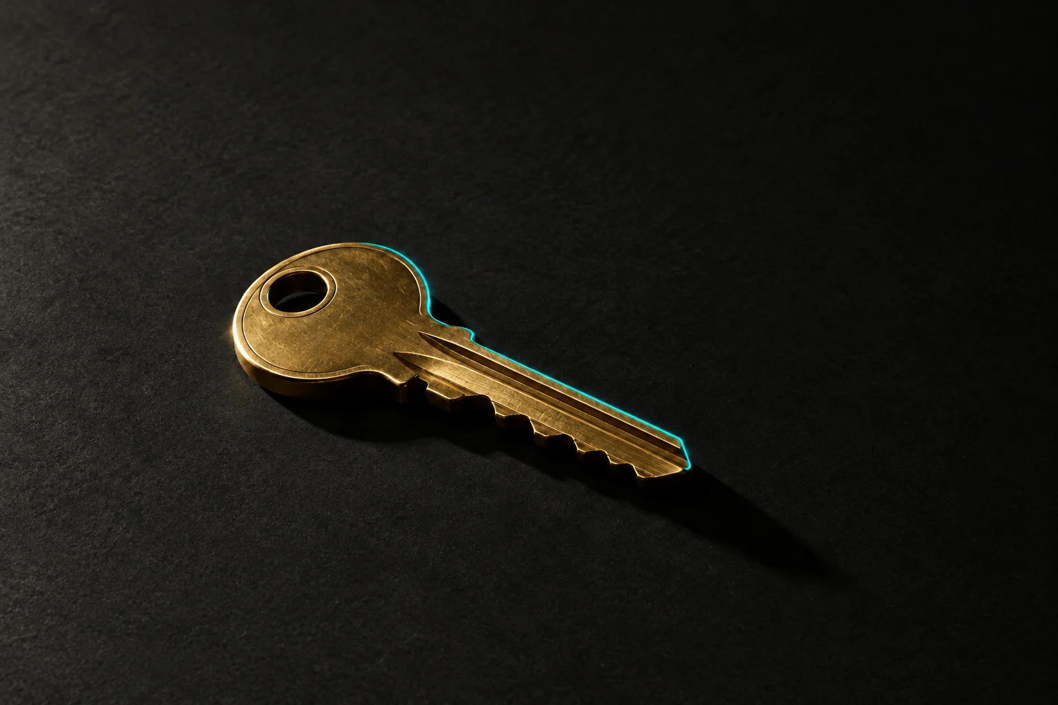 A brass key on a dark surface with a thin teal rim light
