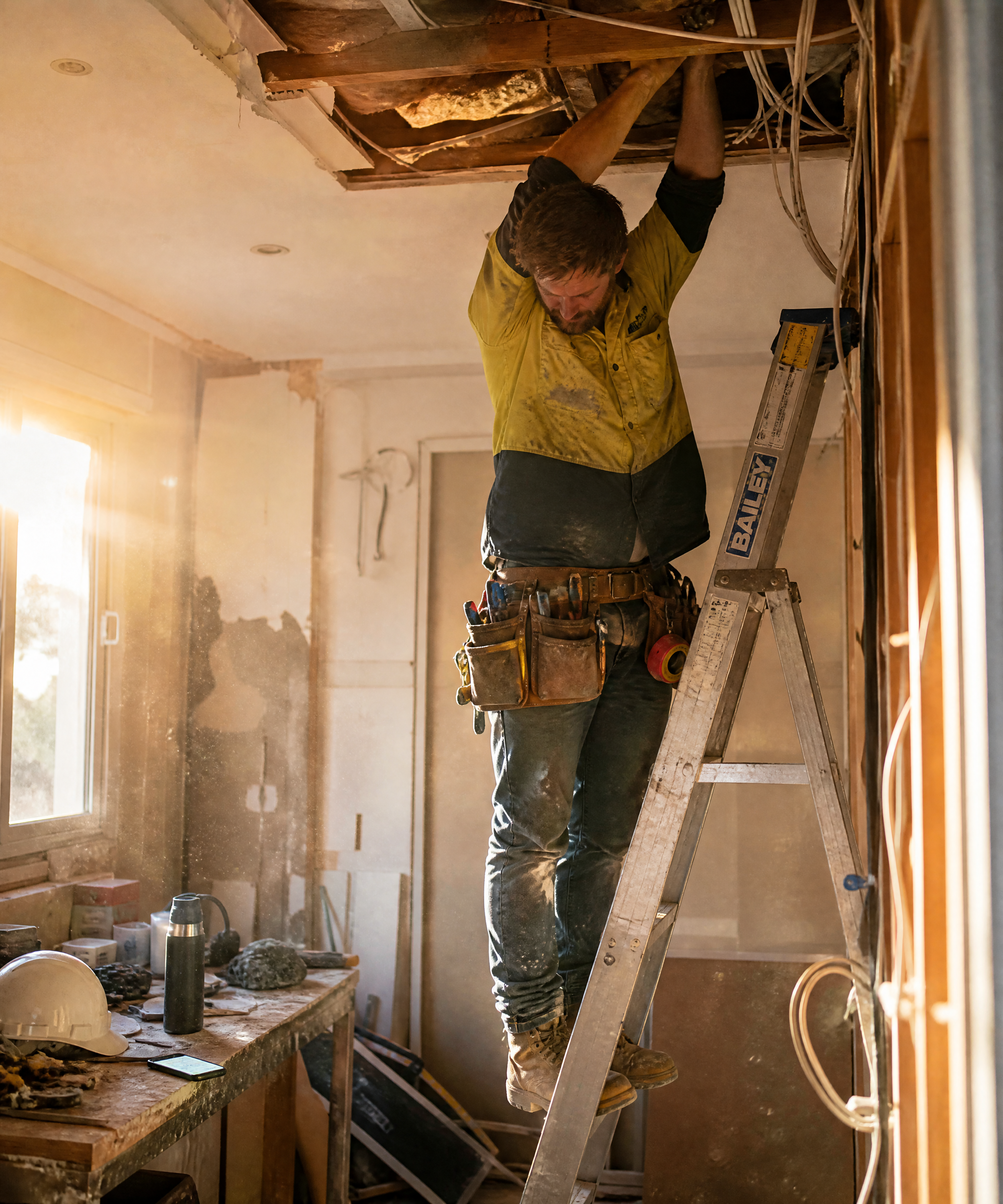 An electrician working up a ladder