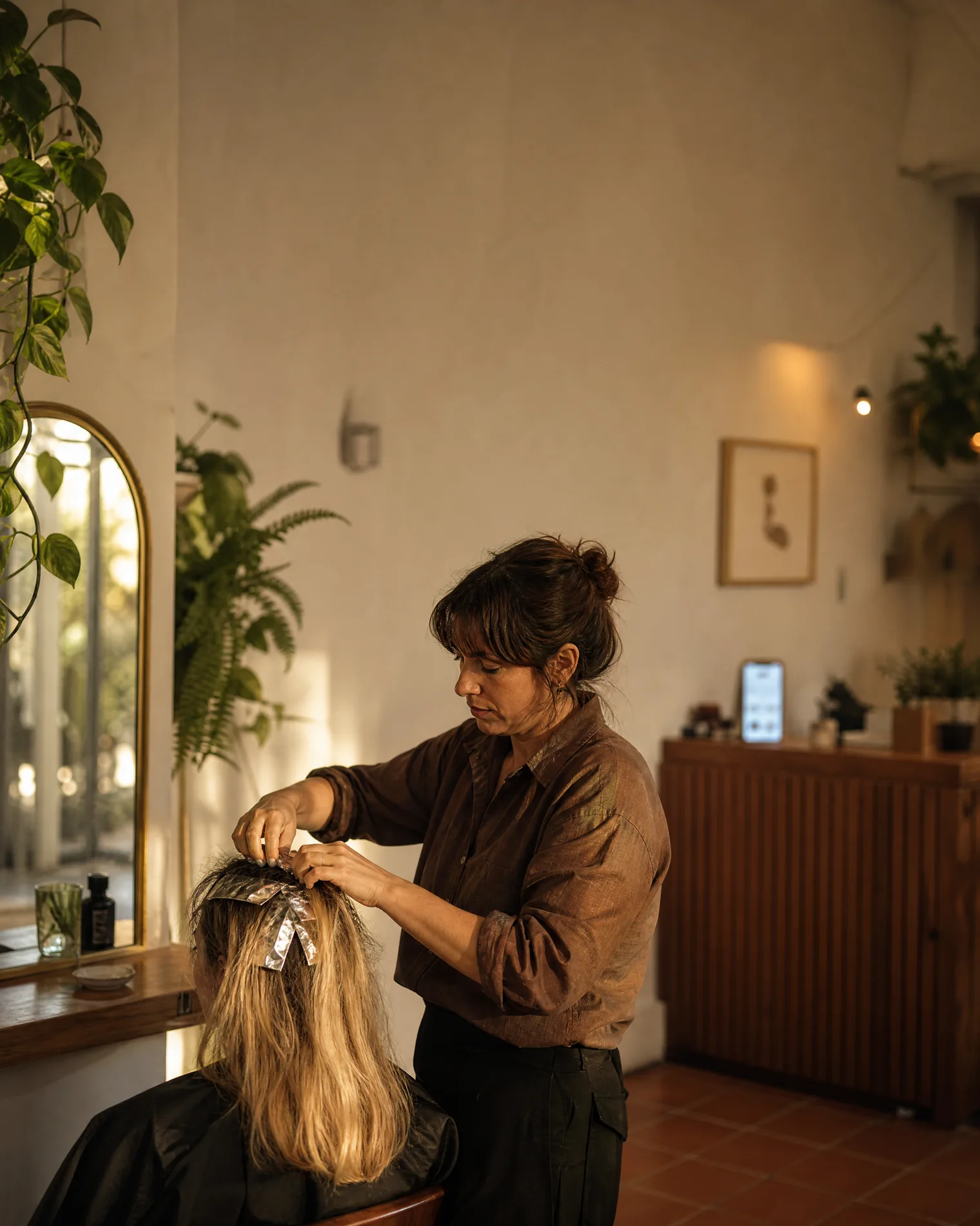 A barber mid-cut while Lily answers the shop phone