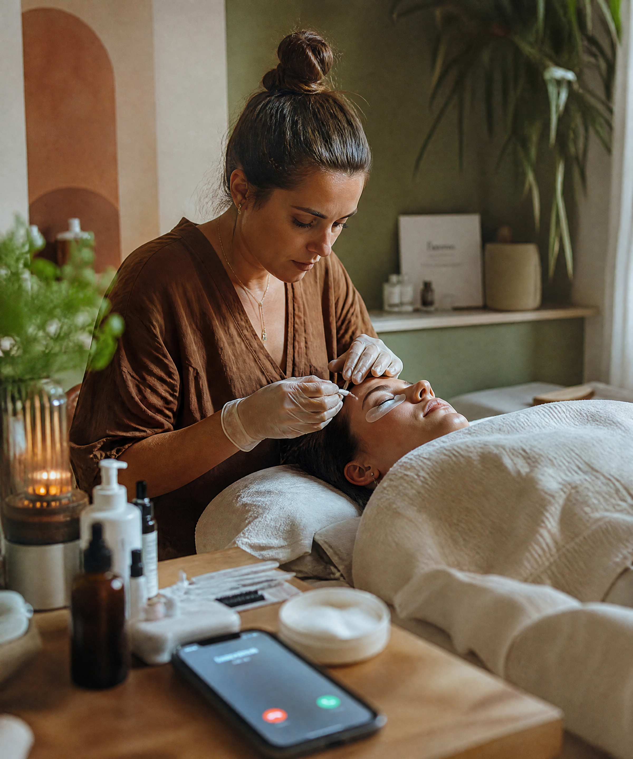A beauty therapist mid-treatment with a client