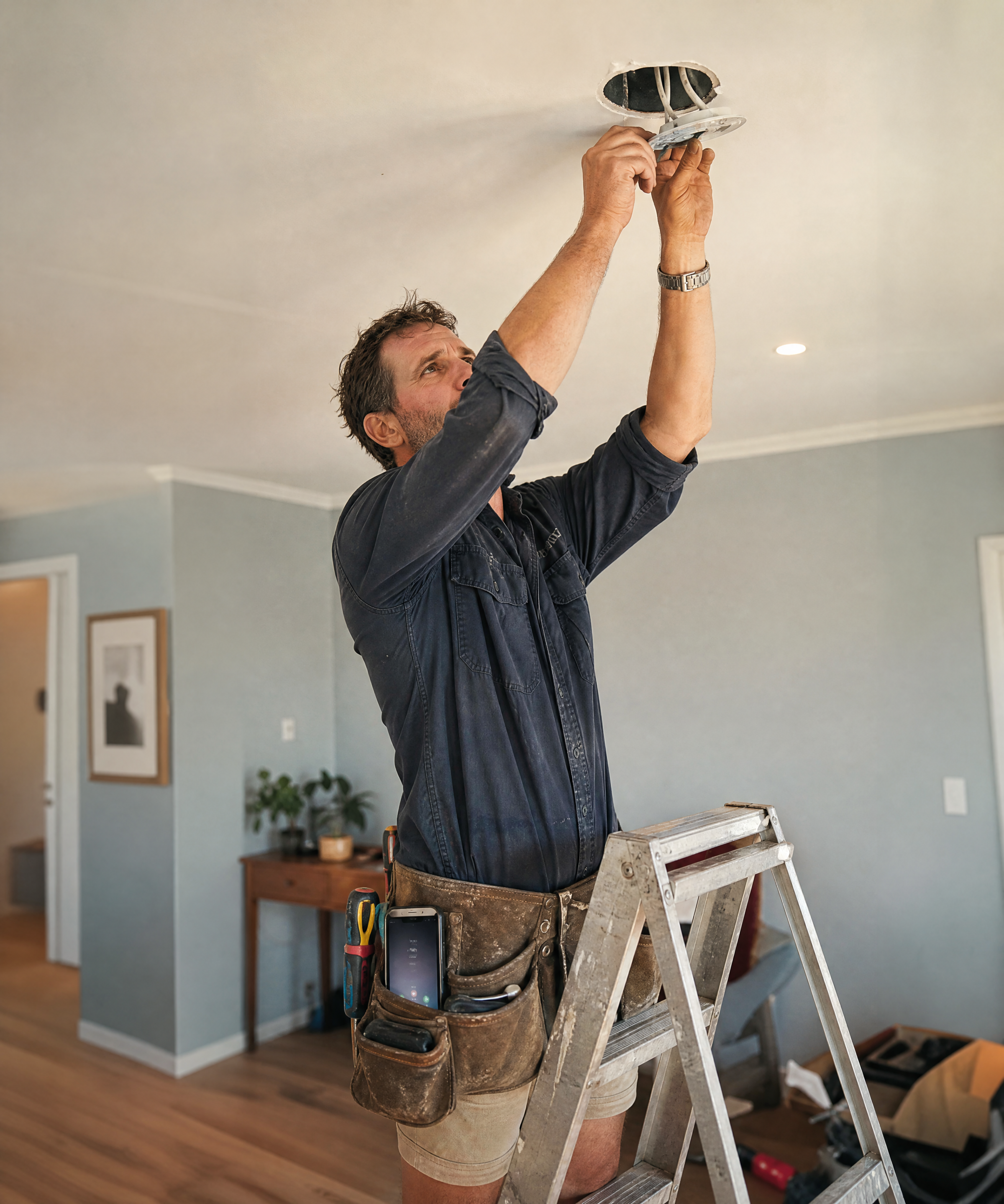 An electrician on the job while Lily answers the incoming call