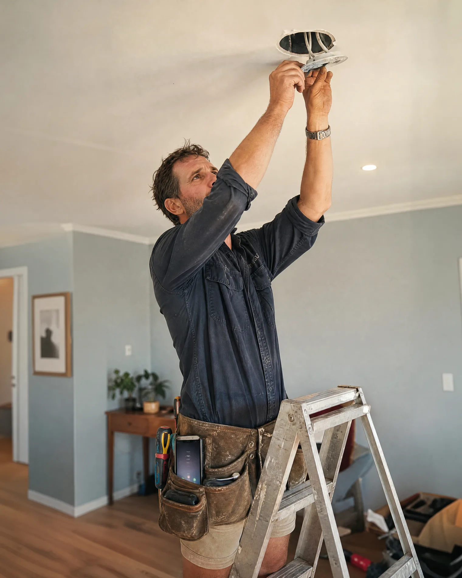 An electrician on the job while Lily answers the incoming call