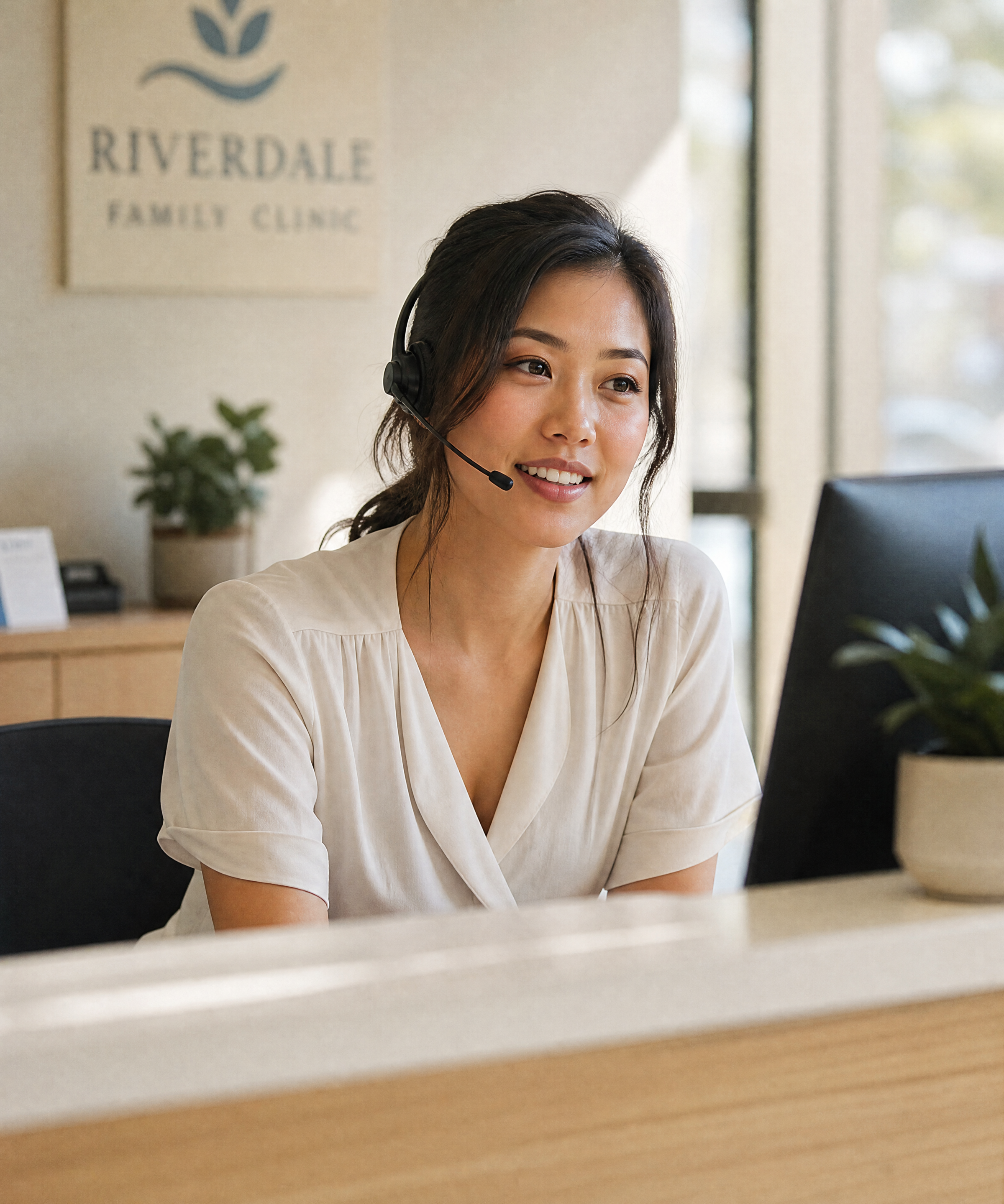 Lily answering calls at a clinic reception desk
