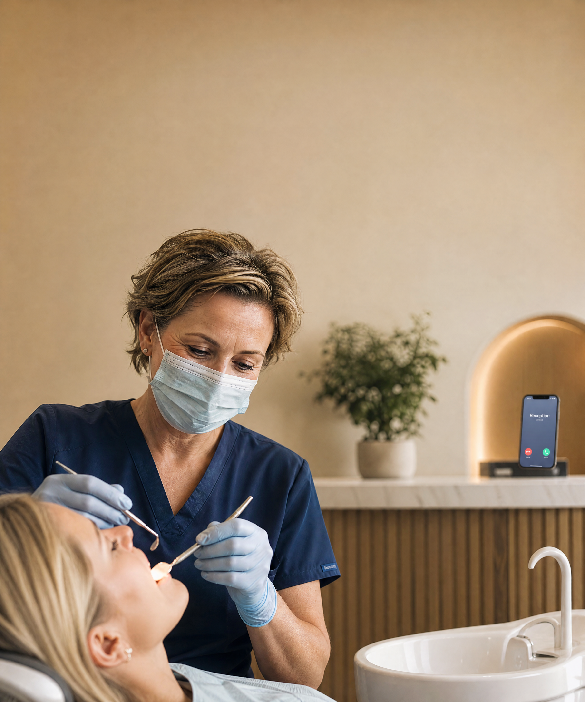 A clinician with a patient while Lily answers the front desk