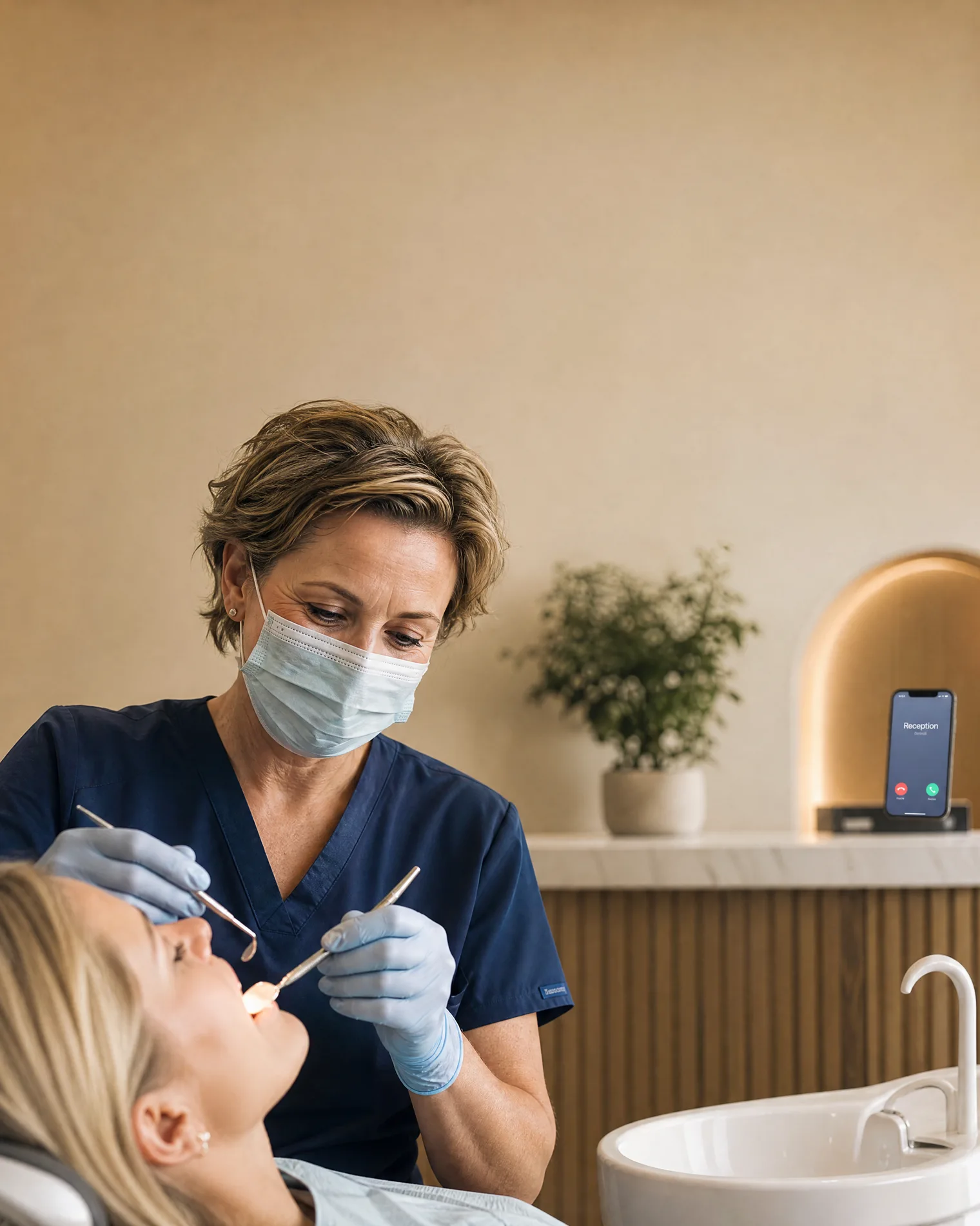 A clinician with a patient while Lily answers the front desk
