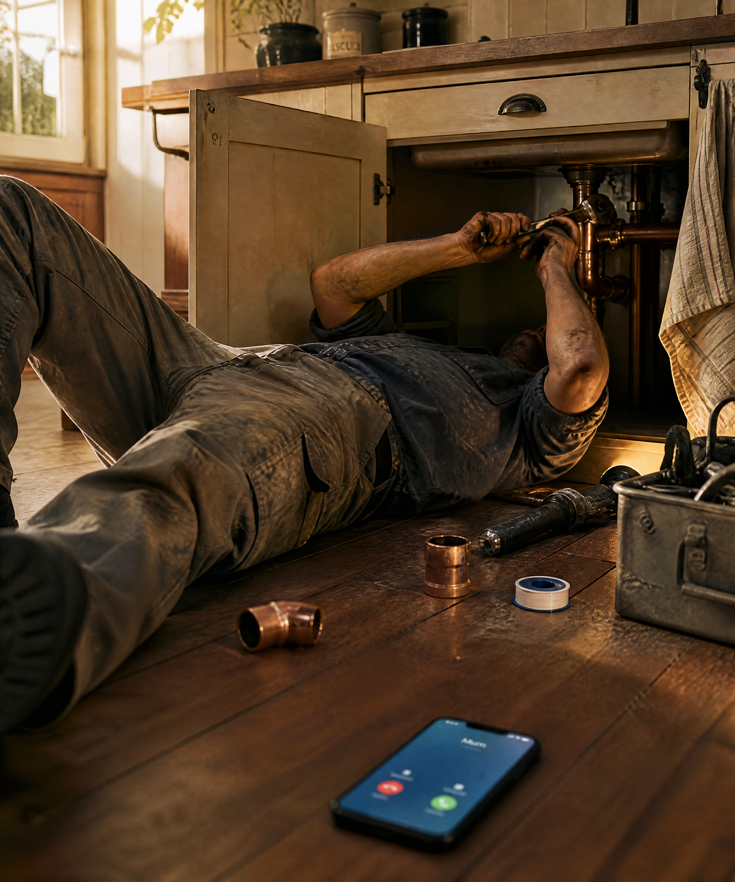 A plumber working under a sink, unable to reach the phone