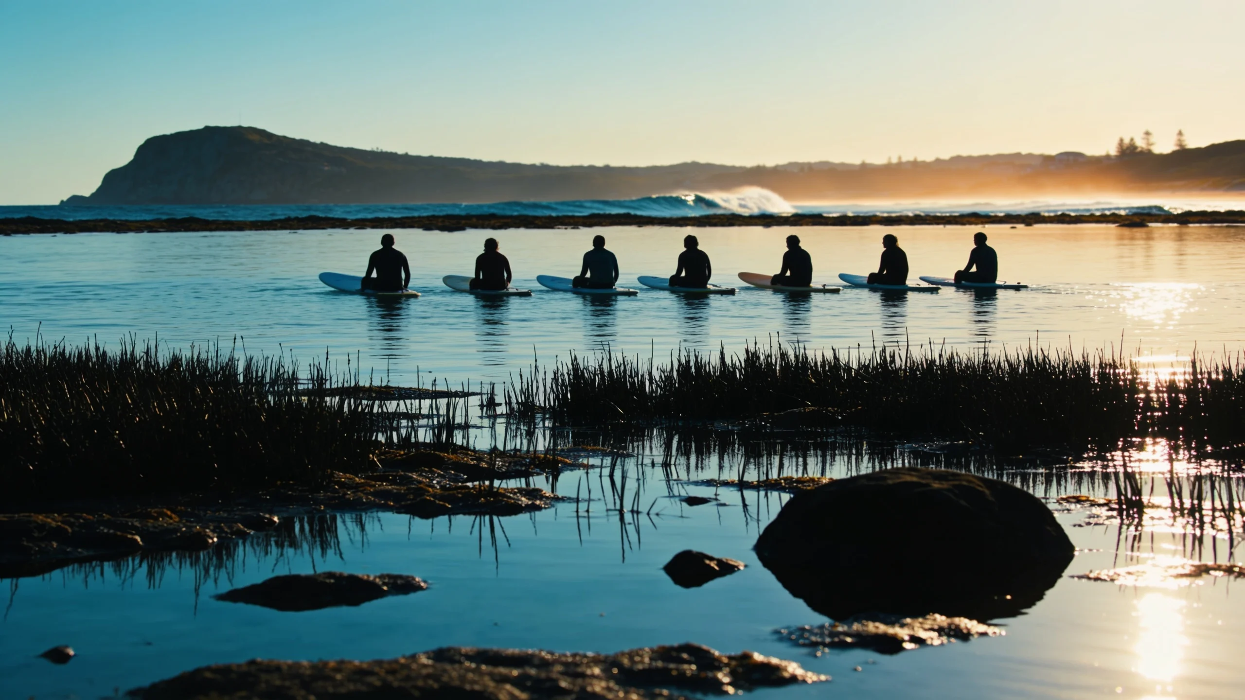 A group of surfers waiting in the line-up at North Narrabeen on a clear winter morning, the headland visible in the background.