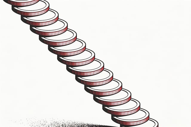 Minimal ink-and-crimson illustration of a descending staircase of stacked token-like discs, representing falling AI API prices