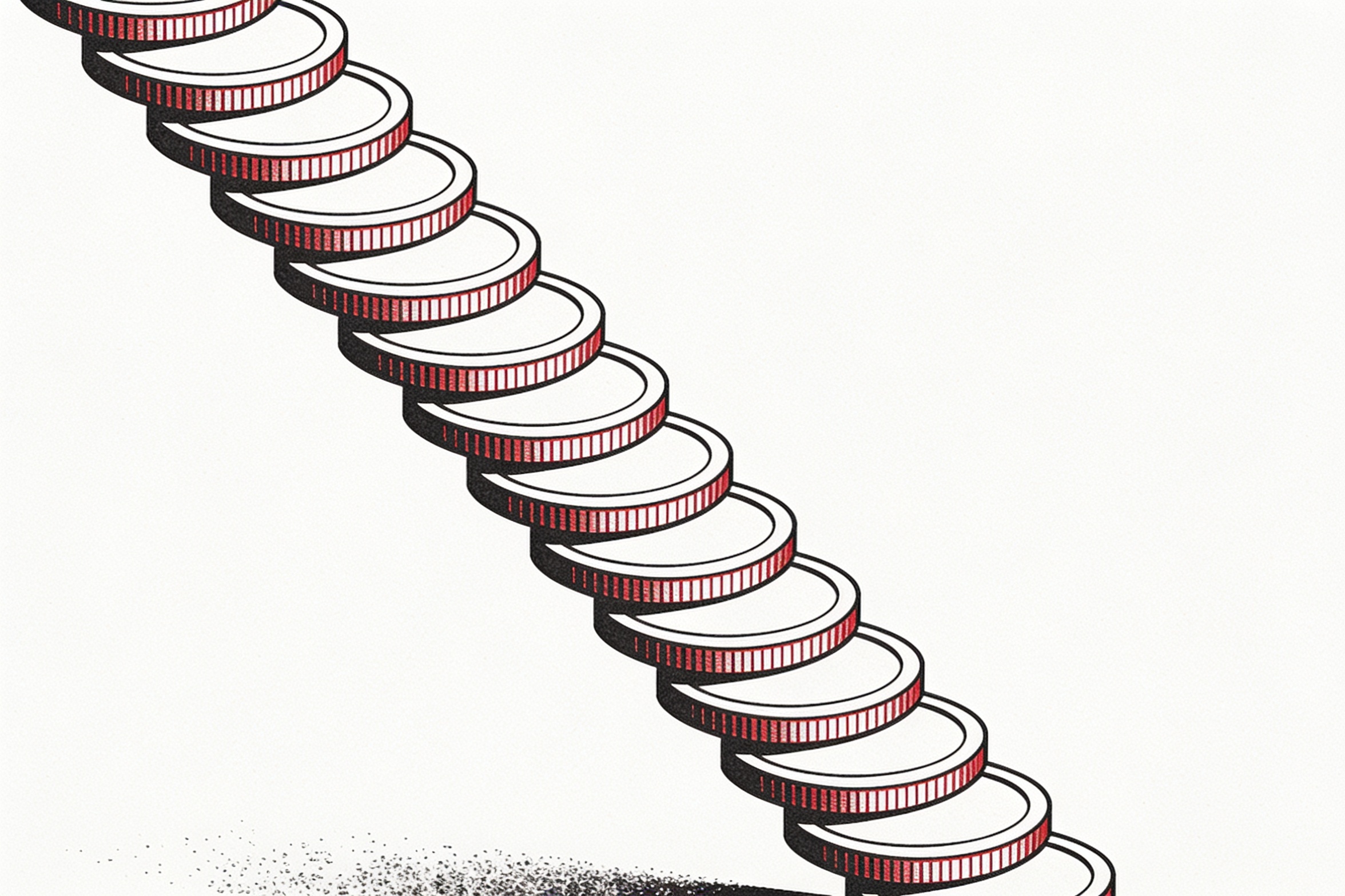 Minimal ink-and-crimson illustration of a descending staircase of stacked token-like discs, representing falling AI API prices