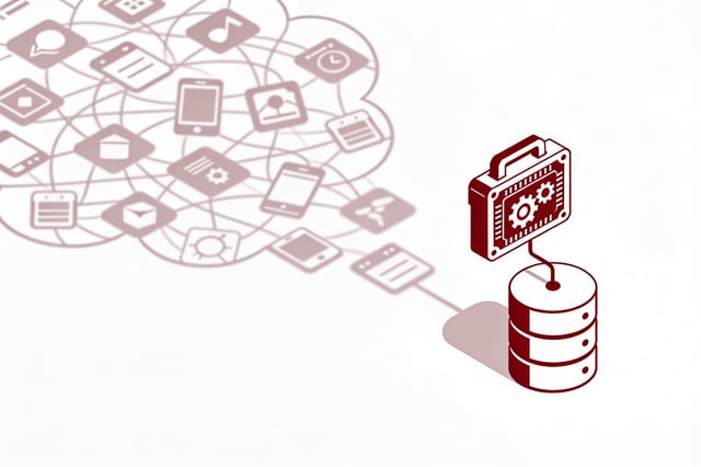 Minimal ink and crimson illustration of a small local toolbox connected to a database cylinder, set against a tangled shadow cloud of scattered app icons