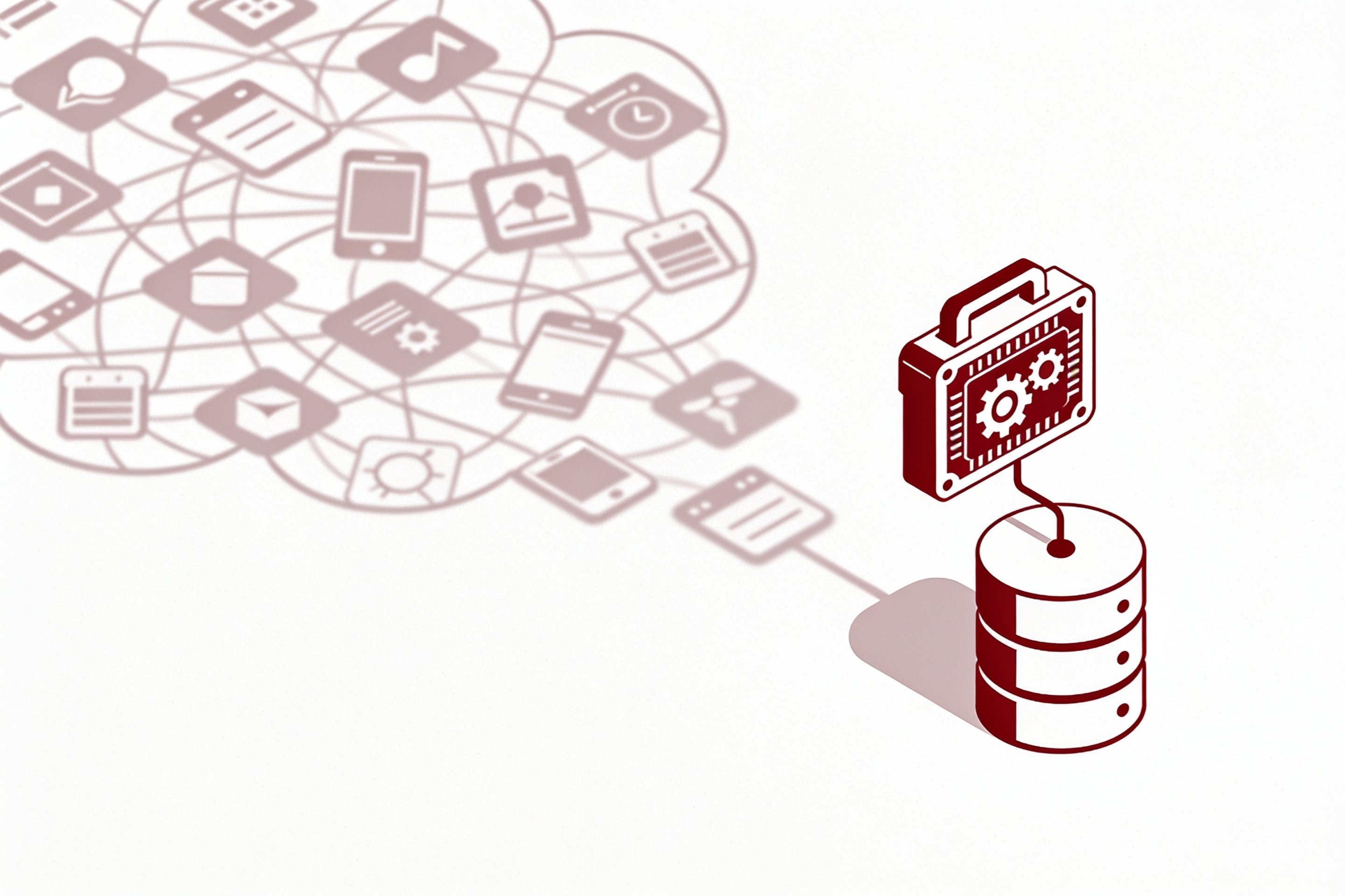 Minimal ink and crimson illustration of a small local toolbox connected to a database cylinder, set against a tangled shadow cloud of scattered app icons