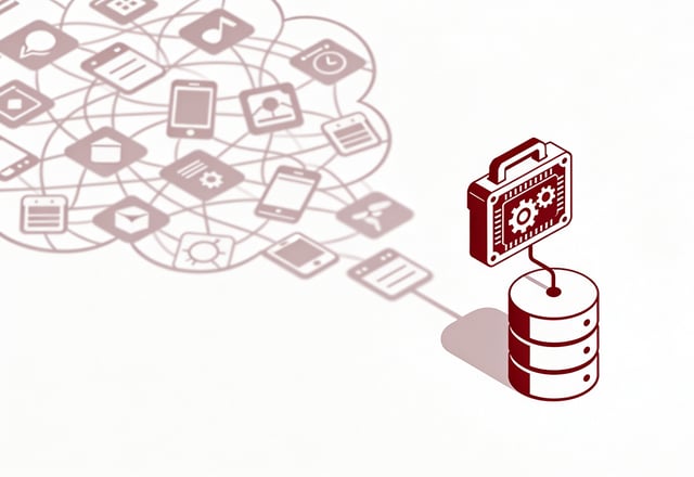 Minimal ink and crimson illustration of a small local toolbox connected to a database cylinder, set against a tangled shadow cloud of scattered app icons