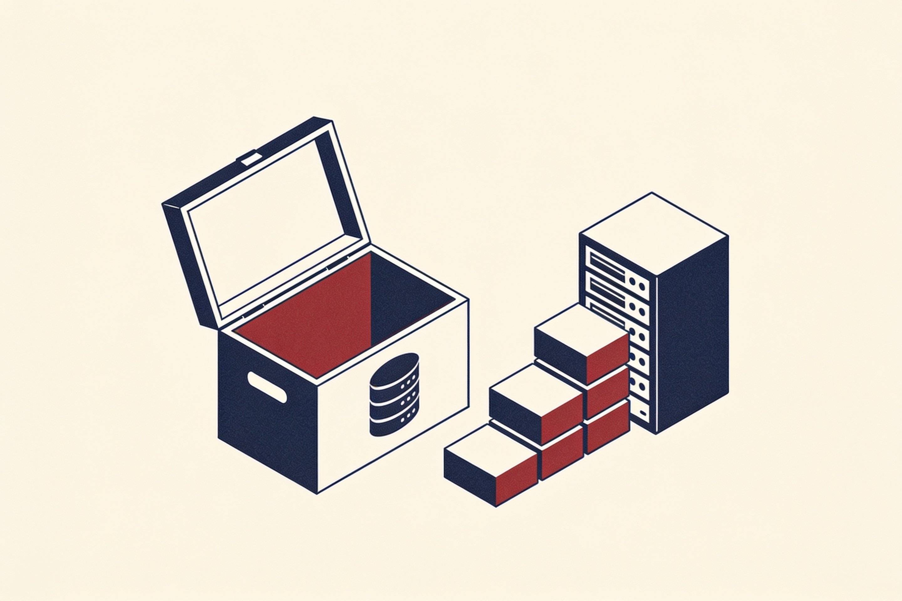 Minimal flat illustration of a small crate of stacked server and database blocks in navy, crimson, and cream, symbolizing owned infrastructure versus rented software