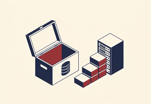 Minimal flat illustration of a small crate of stacked server and database blocks in navy, crimson, and cream, symbolizing owned infrastructure versus rented software