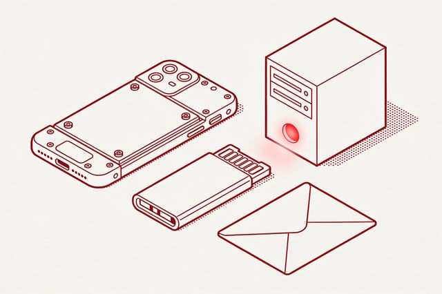Minimal ink-and-crimson illustration of a modular repairable phone with visible screws, a small home server with a status light, and an envelope, arranged as owned tools rather than app icons