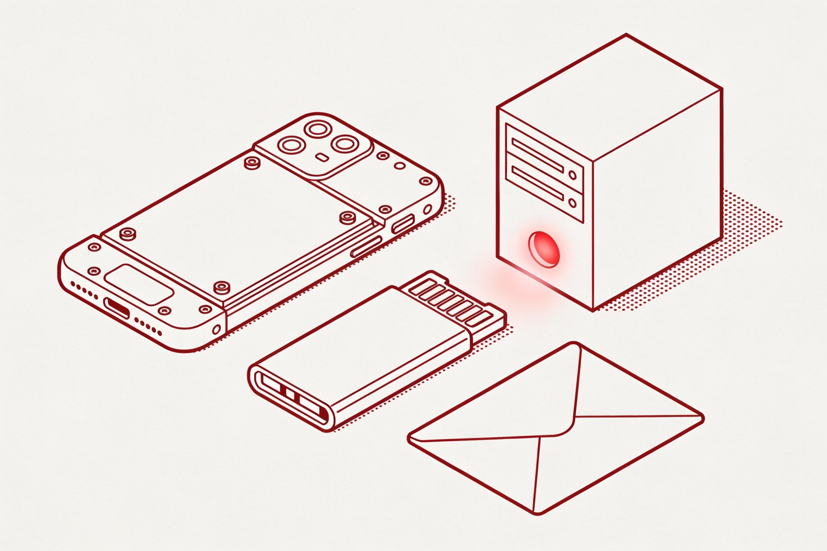 Minimal ink-and-crimson illustration of a modular repairable phone with visible screws, a small home server with a status light, and an envelope, arranged as owned tools rather than app icons