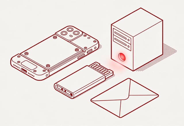Minimal ink-and-crimson illustration of a modular repairable phone with visible screws, a small home server with a status light, and an envelope, arranged as owned tools rather than app icons