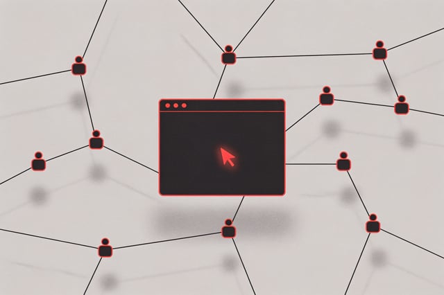 Minimal ink-and-crimson illustration of a dark terminal window with abstract agent nodes branching into a network, some fading into shadow to represent ungoverned background AI agents