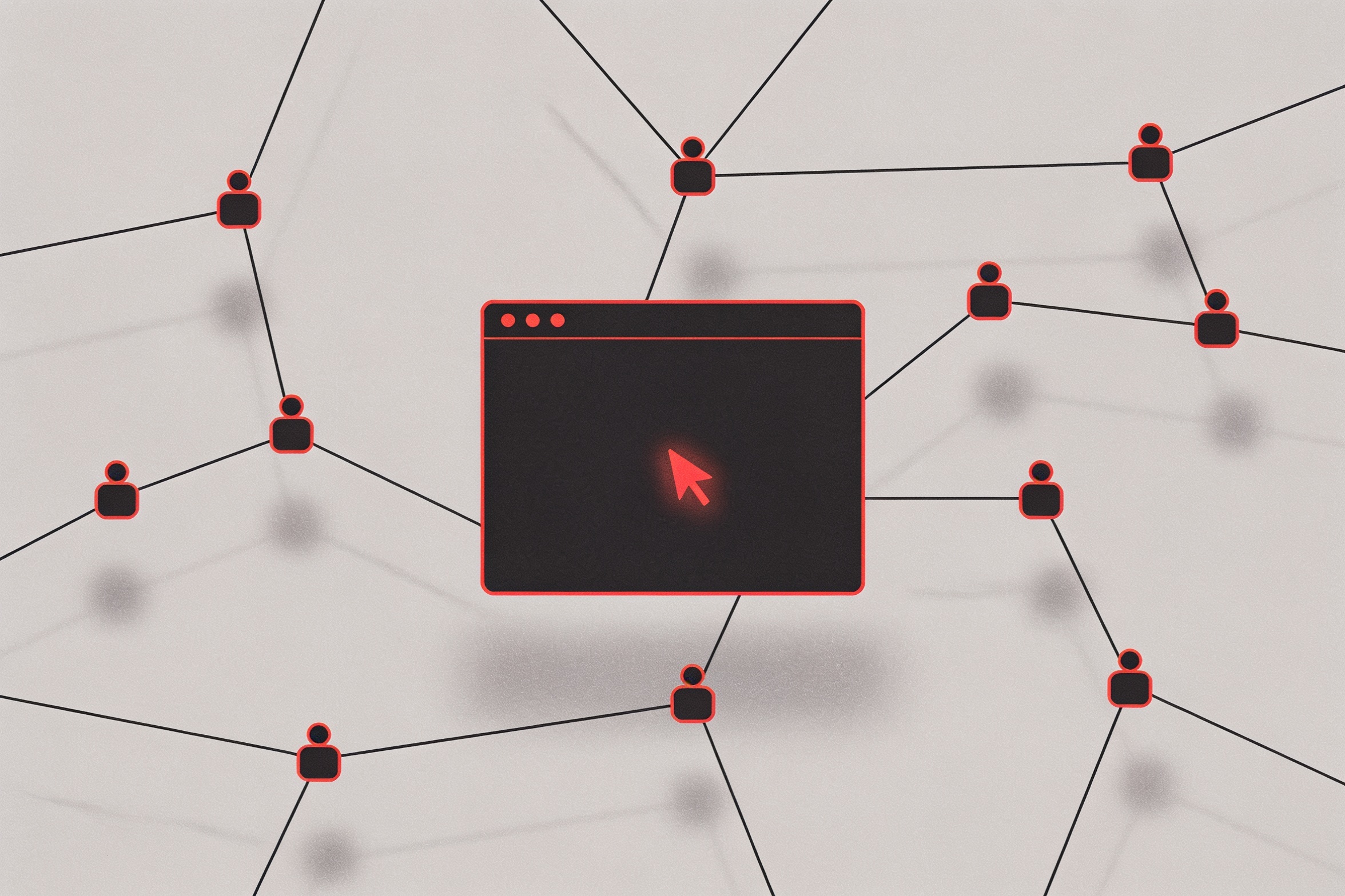 Minimal ink-and-crimson illustration of a dark terminal window with abstract agent nodes branching into a network, some fading into shadow to represent ungoverned background AI agents