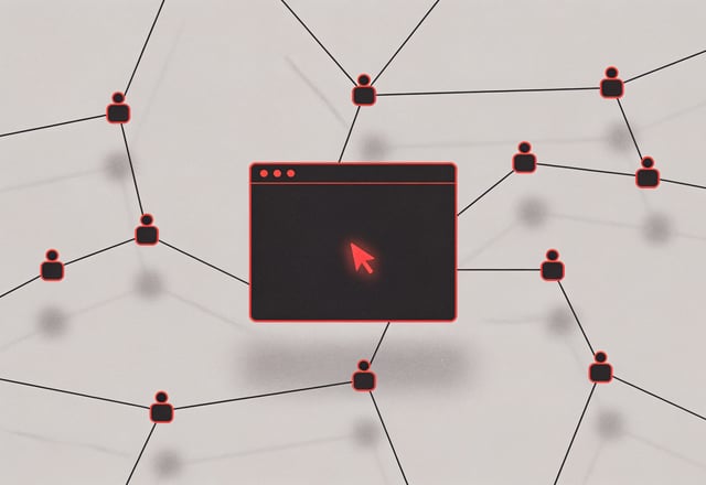 Minimal ink-and-crimson illustration of a dark terminal window with abstract agent nodes branching into a network, some fading into shadow to represent ungoverned background AI agents