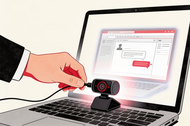 Minimal ink and crimson illustration of a hand covering a laptop's AI monitoring icon while a second, ghostly laptop screen glows with a simple personal chat interface