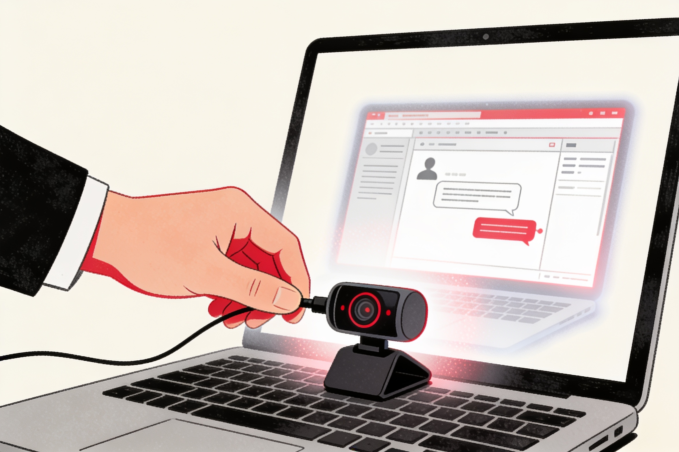 Minimal ink and crimson illustration of a hand covering a laptop's AI monitoring icon while a second, ghostly laptop screen glows with a simple personal chat interface