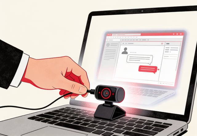 Minimal ink and crimson illustration of a hand covering a laptop's AI monitoring icon while a second, ghostly laptop screen glows with a simple personal chat interface