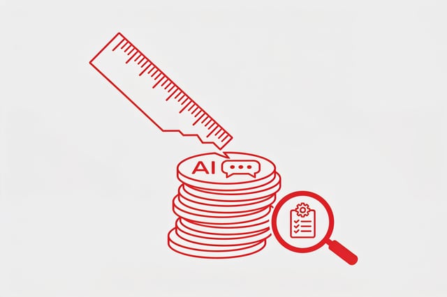 A minimal line illustration of a bending measuring scale weighing abstract AI model icons, with a magnifying glass focused on a single practical task icon instead