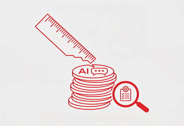 A minimal line illustration of a bending measuring scale weighing abstract AI model icons, with a magnifying glass focused on a single practical task icon instead