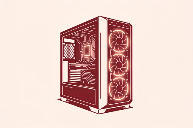 Minimal ink-and-crimson illustration of a consumer GPU tower with a glowing circuit pattern, representing local AI hardware ownership