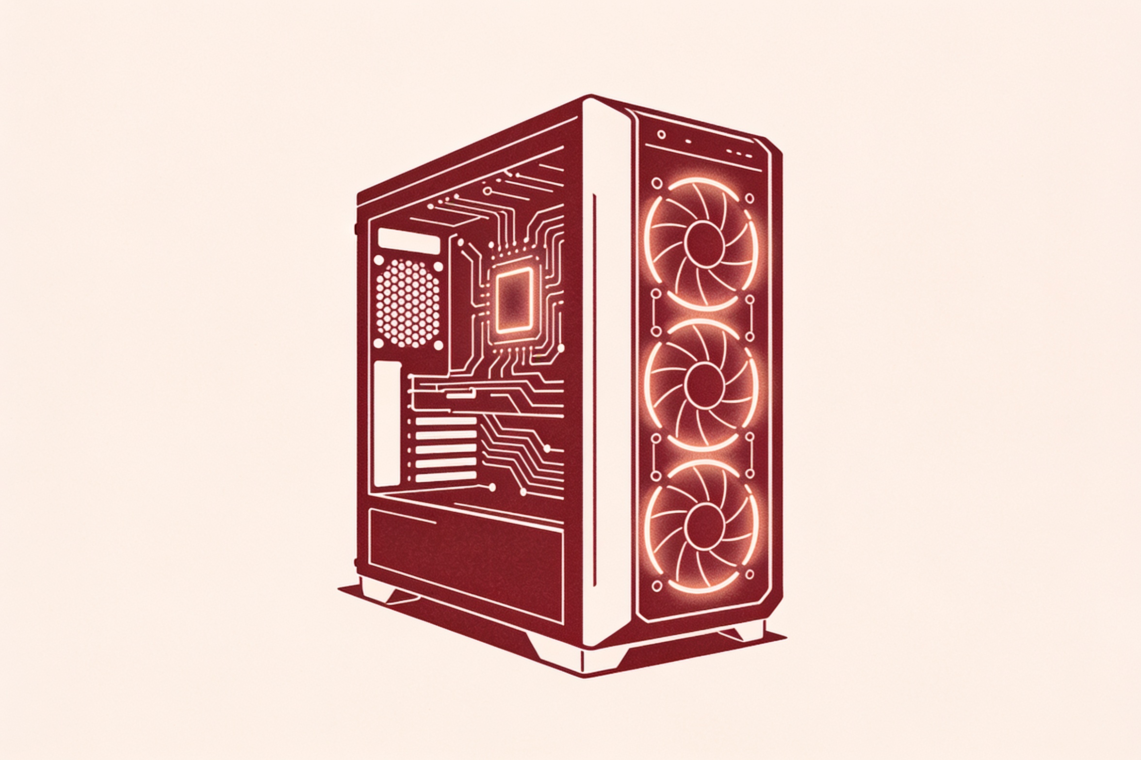 Minimal ink-and-crimson illustration of a consumer GPU tower with a glowing circuit pattern, representing local AI hardware ownership
