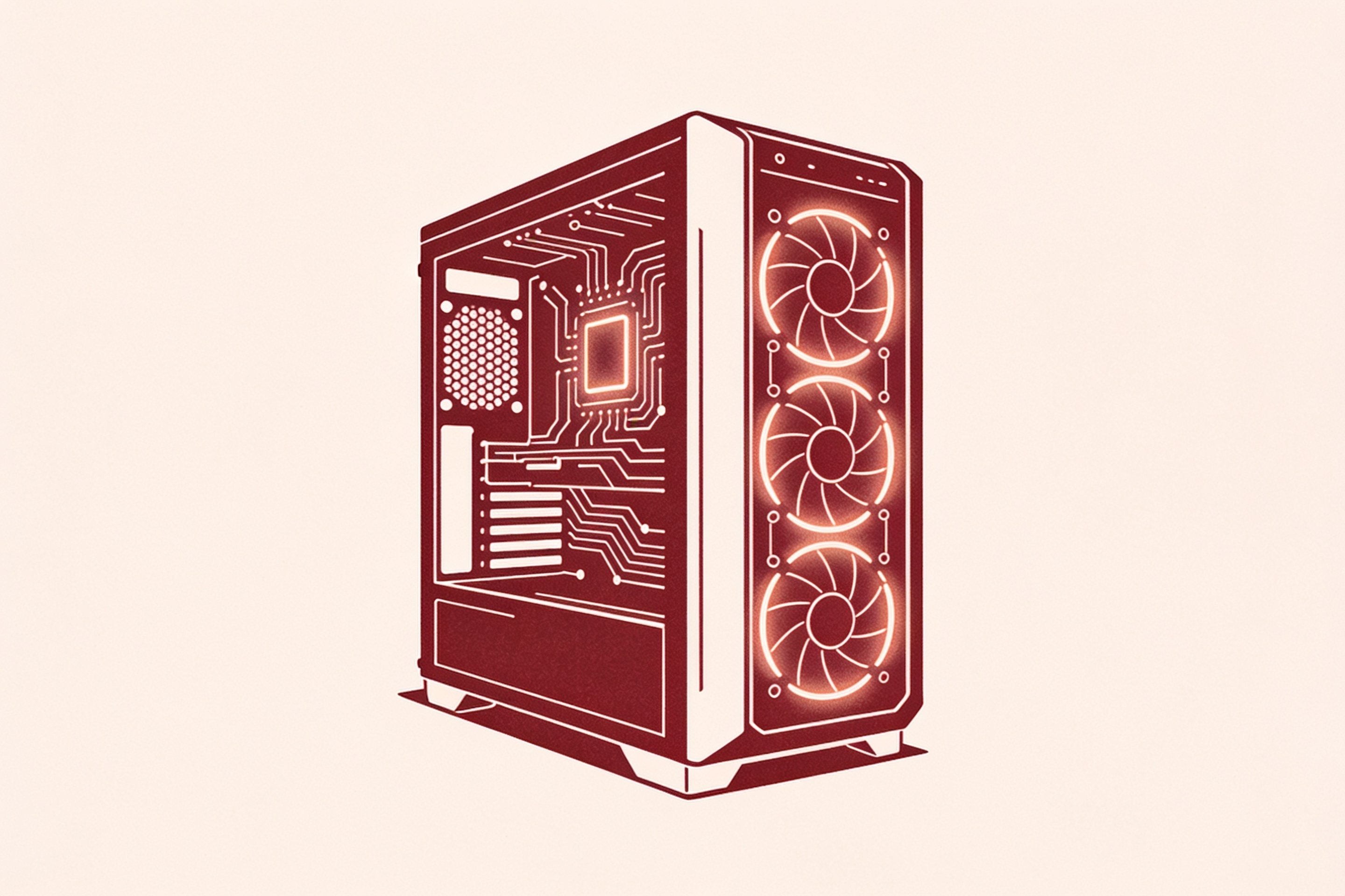 Minimal ink-and-crimson illustration of a consumer GPU tower with a glowing circuit pattern, representing local AI hardware ownership