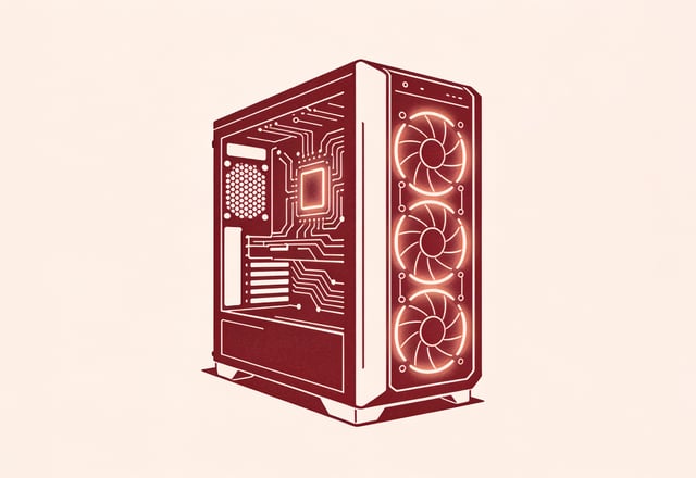Minimal ink-and-crimson illustration of a consumer GPU tower with a glowing circuit pattern, representing local AI hardware ownership