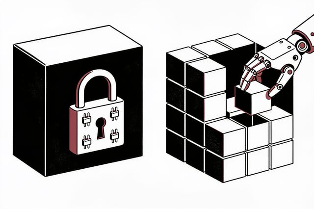 Minimal ink and crimson illustration contrasting a locked box labeled with API plug icons against an open modular structure being freely rearranged by an abstract robotic hand