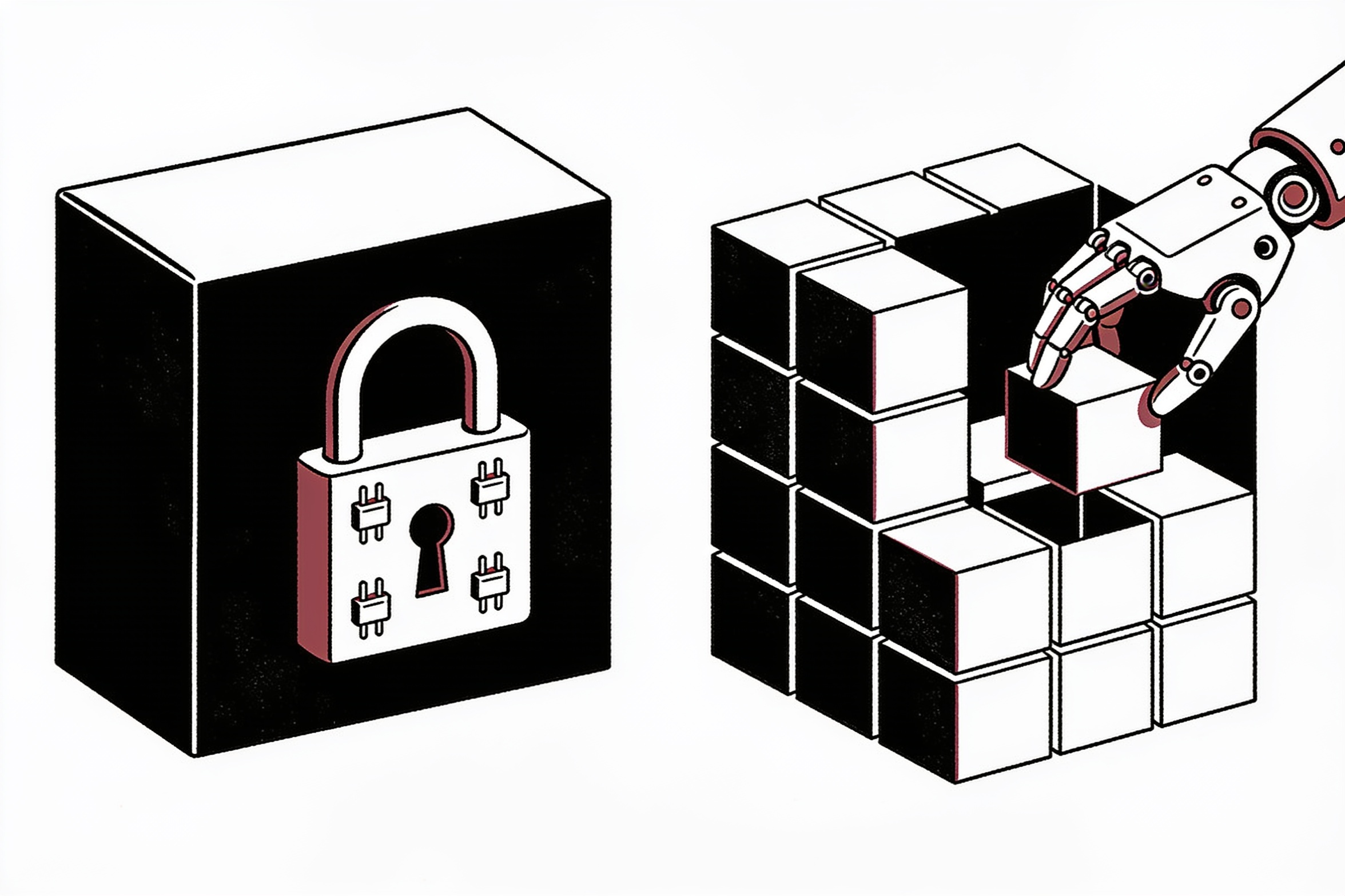 Minimal ink and crimson illustration contrasting a locked box labeled with API plug icons against an open modular structure being freely rearranged by an abstract robotic hand